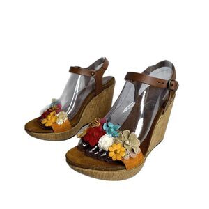 BioStep Floral Embellished detail cork Wedge heels leather size 8 boho chic girl